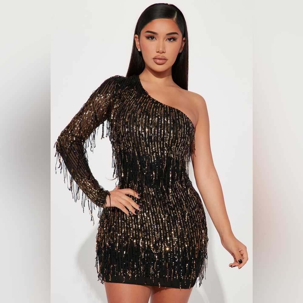 NWT Fashion Nova No Strings Attached Sequin Mini Dress Black Gold Fringe NEW XS